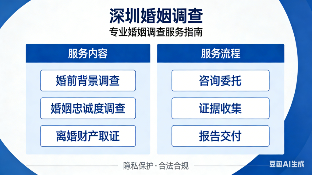 深圳婚姻调查专业服务指南海报，包含服务内容（婚前背景、忠诚度、离婚取证）与服务流程（咨询、取证、交付）。